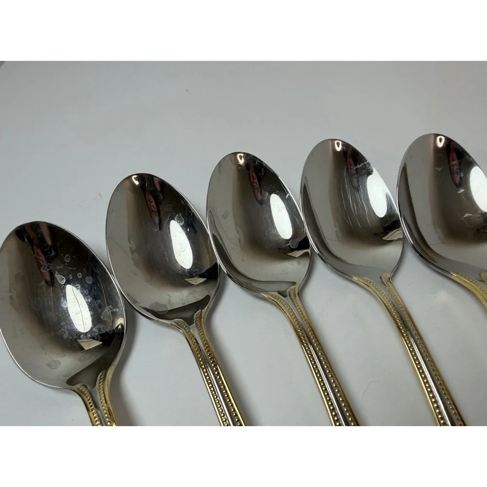 Set of 8 Wallace Gold Royal Bead Stainless Place Oval Soup Spoons 7 1/4